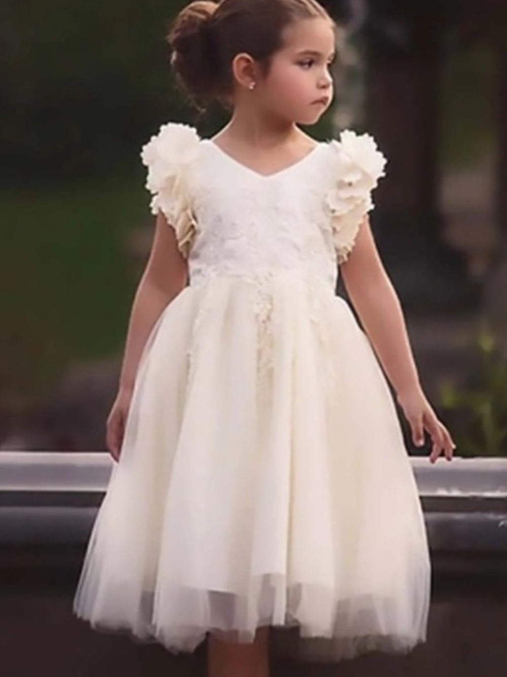 Trish Scully Ivory Floral Applique Tulle Dress